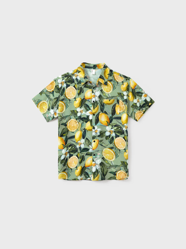 Daddy & Daughter Outfits – Lemon Print Hawaiian Shirts & Summer Dresses – Tropical Vacation Clothes for Men, Women & Kids Green