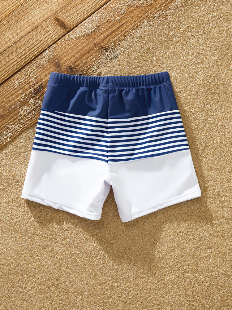 Family Matching Stripe Swim Trunks or One-piece Strap Swimsuit Dark Blue+white