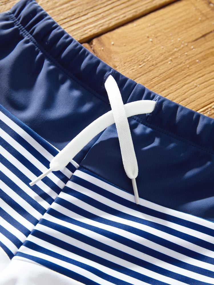 Family Matching Stripe Swim Trunks or One-piece Strap Swimsuit Dark Blue+white