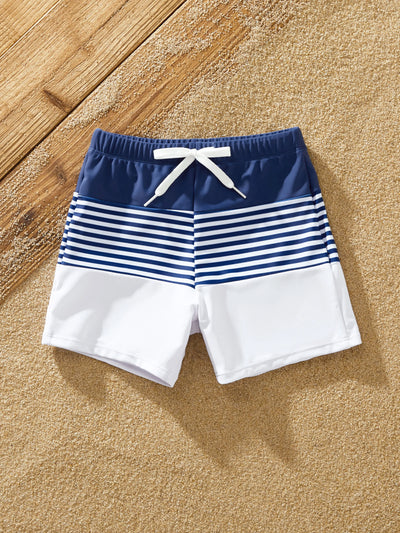 Toddler Boy Stripe Swim trunks - Tight Fit Polyester Spandex Matching Outfits Dark Blue+white