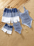 Family Matching Stripe Swim Trunks or One-piece Strap Swimsuit Dark Blue+white