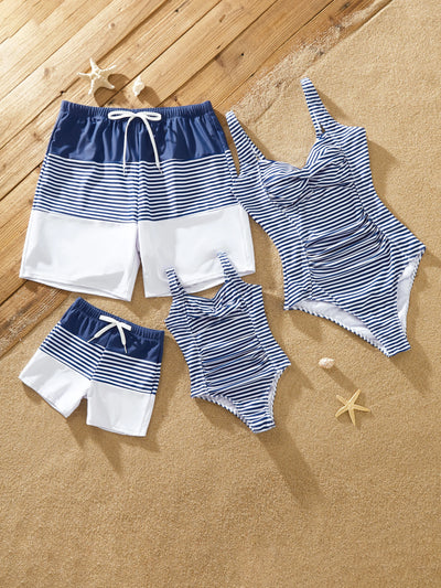 Family Matching Stripe Swim Trunks or One-piece Strap Swimsuit Dark Blue+white