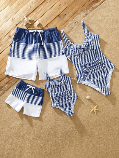 Toddler Boy Stripe Swim trunks - Tight Fit Polyester Spandex Matching Outfits Dark Blue+white
