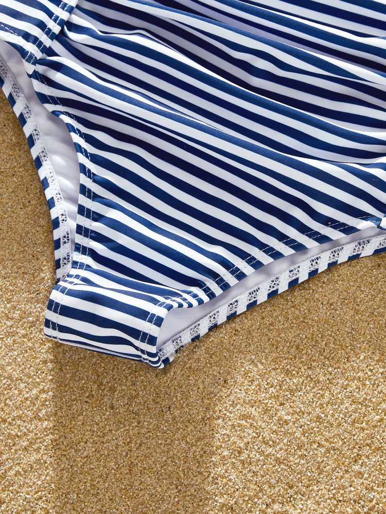 Family Matching Stripe Swim Trunks or One-piece Strap Swimsuit Dark Blue+white