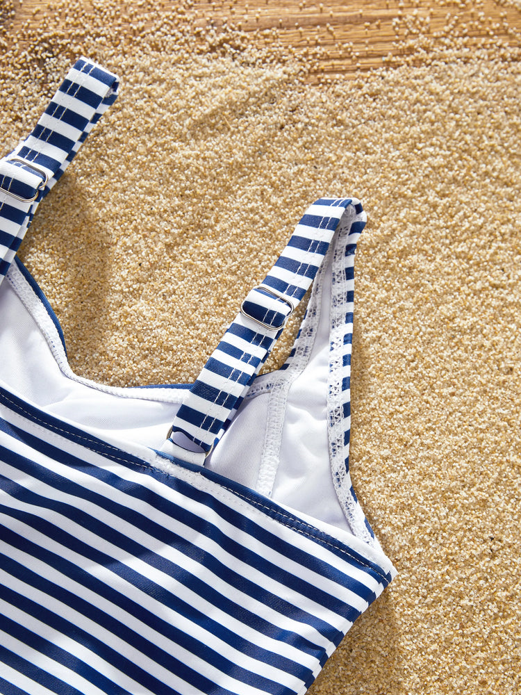 Family Matching Stripe Swim Trunks or One-piece Strap Swimsuit Dark Blue+white