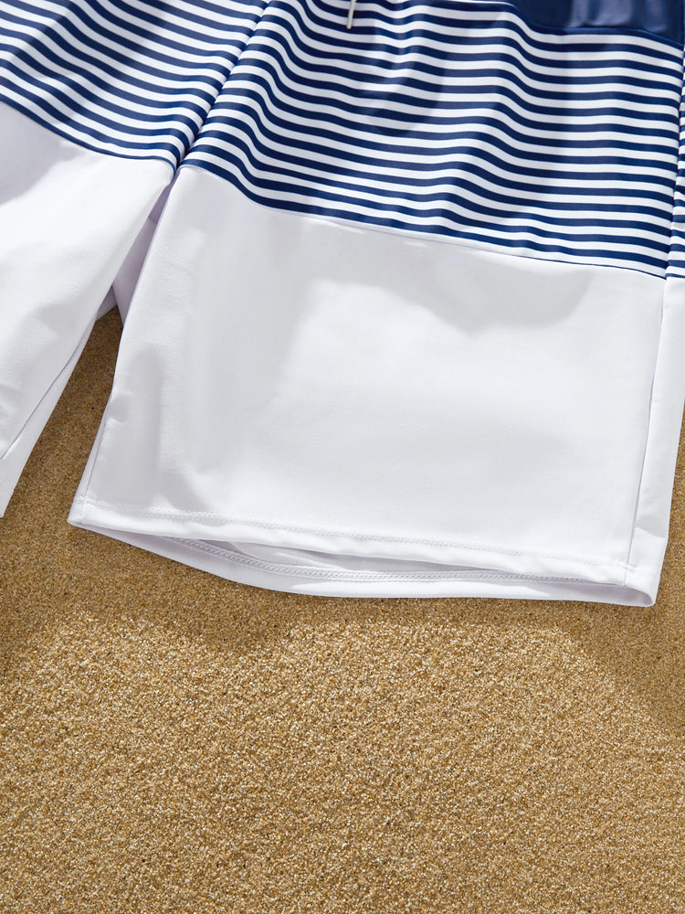 Family Matching Stripe Swim Trunks or One-piece Strap Swimsuit Dark Blue+white