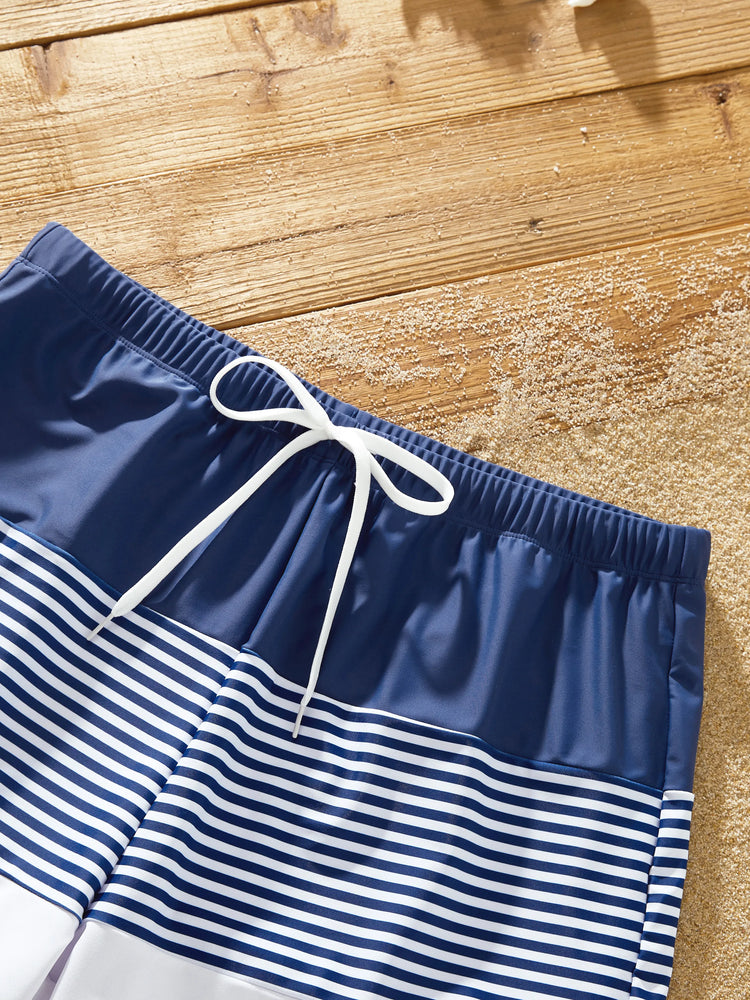 Family Matching Stripe Swim Trunks or One-piece Strap Swimsuit Dark Blue+white