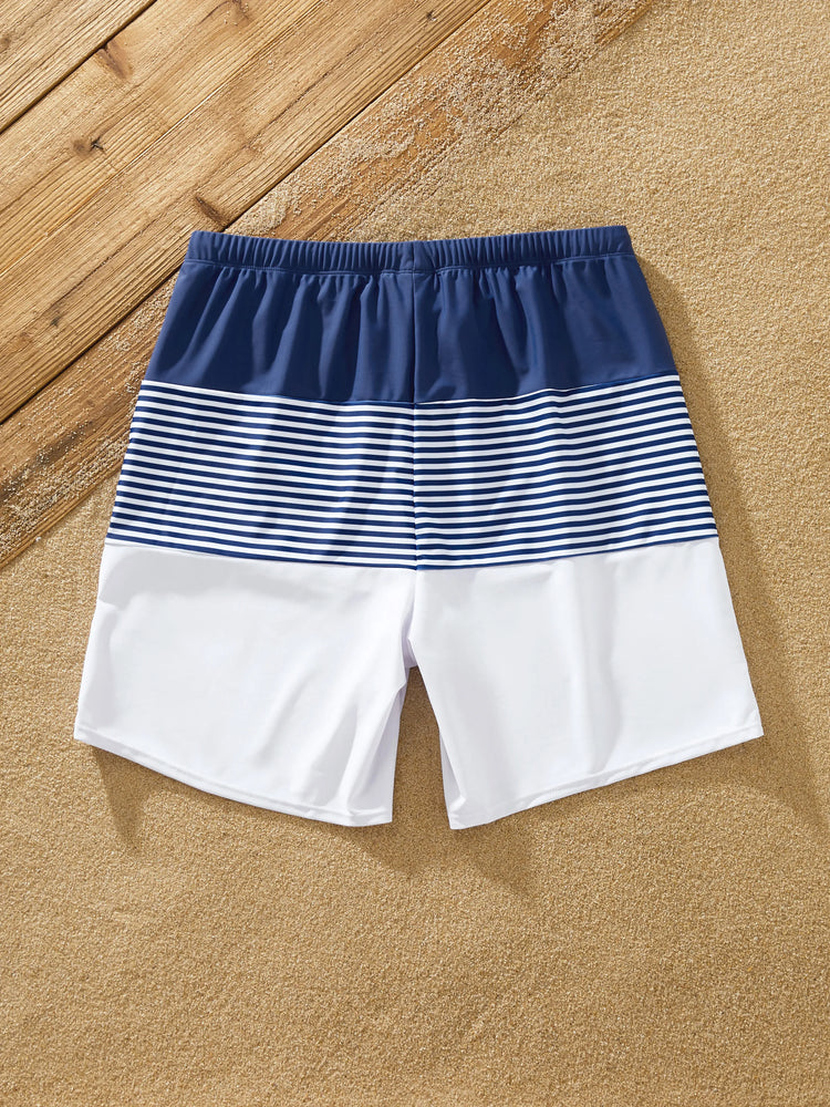Family Matching Stripe Swim Trunks or One-piece Strap Swimsuit Dark Blue+white