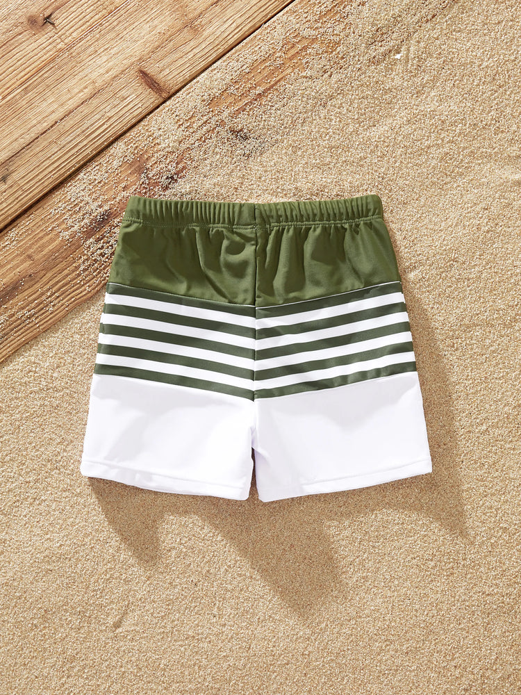 Traje de baño de una pieza con un hombro descubierto y rayas en bloques de colores a juego para toda la familia, verde militar