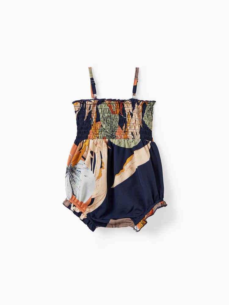 Family Matching Tropical Floral Print Smocked Top Strap Wide-Leg Jumpsuits for Mommy and Me Deep Blue