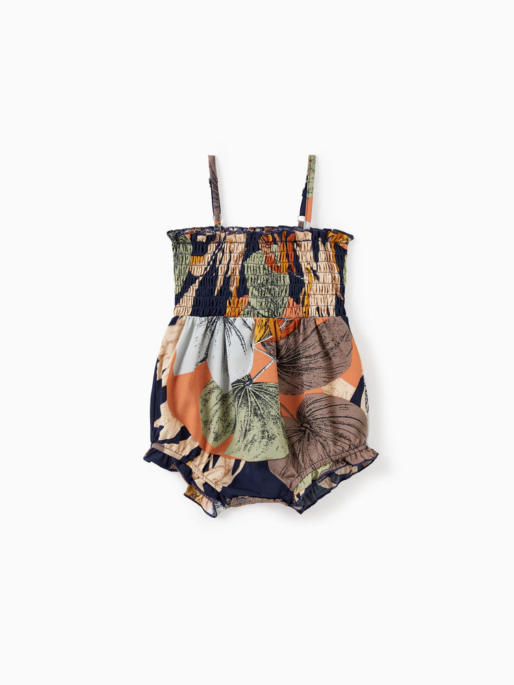 Family Matching Tropical Floral Print Smocked Top Strap Wide-Leg Jumpsuits for Mommy and Me Deep Blue