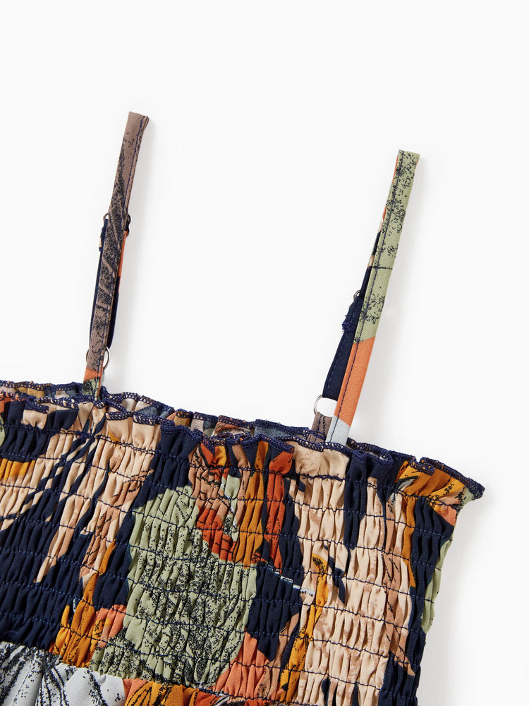 Family Matching Tropical Floral Print Smocked Top Strap Wide-Leg Jumpsuits for Mommy and Me Deep Blue