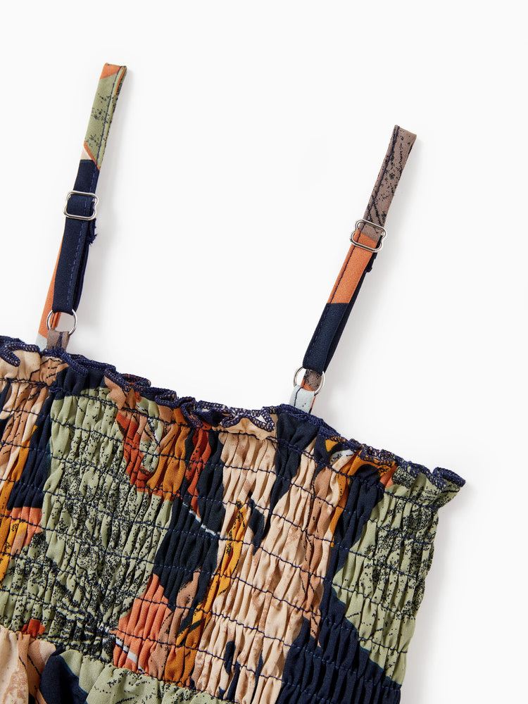 Family Matching Tropical Floral Print Smocked Top Strap Wide-Leg Jumpsuits for Mommy and Me Deep Blue