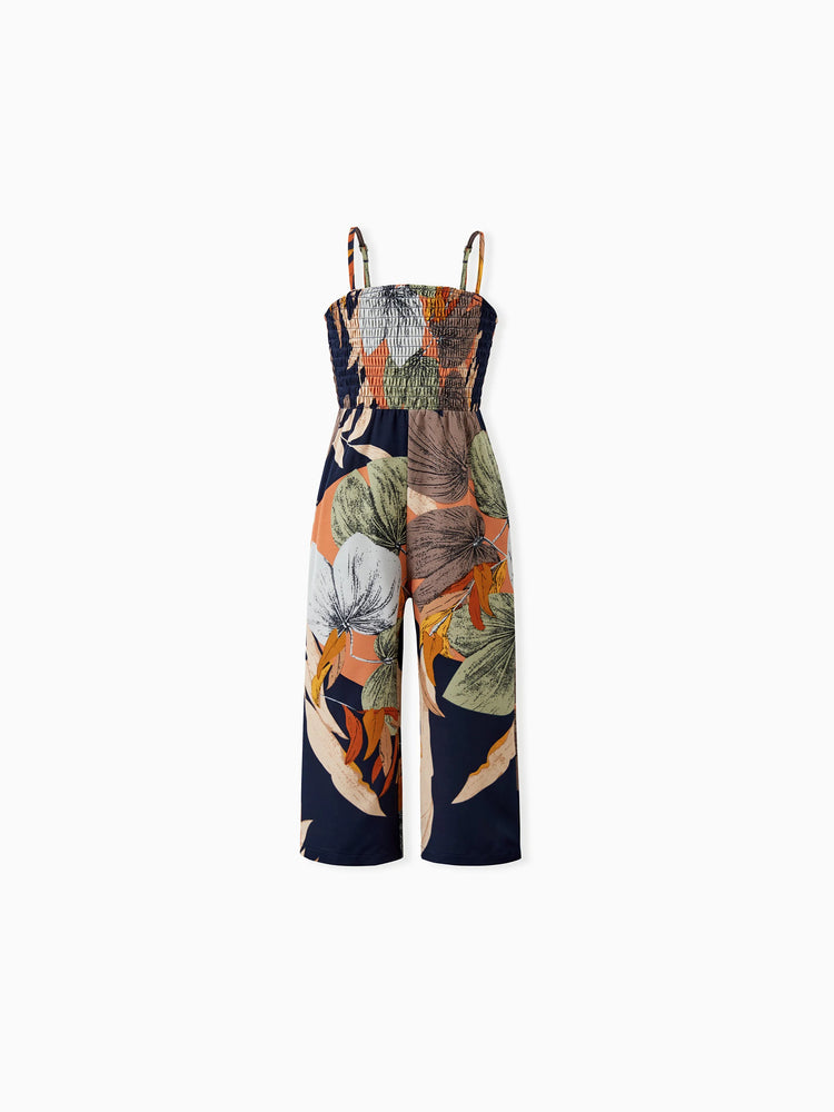 Family Matching Tropical Floral Print Smocked Top Strap Wide-Leg Jumpsuits for Mommy and Me Deep Blue