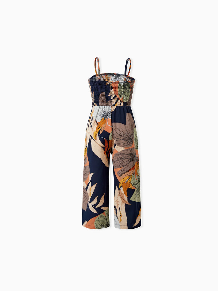 Family Matching Tropical Floral Print Smocked Top Strap Wide-Leg Jumpsuits for Mommy and Me Deep Blue