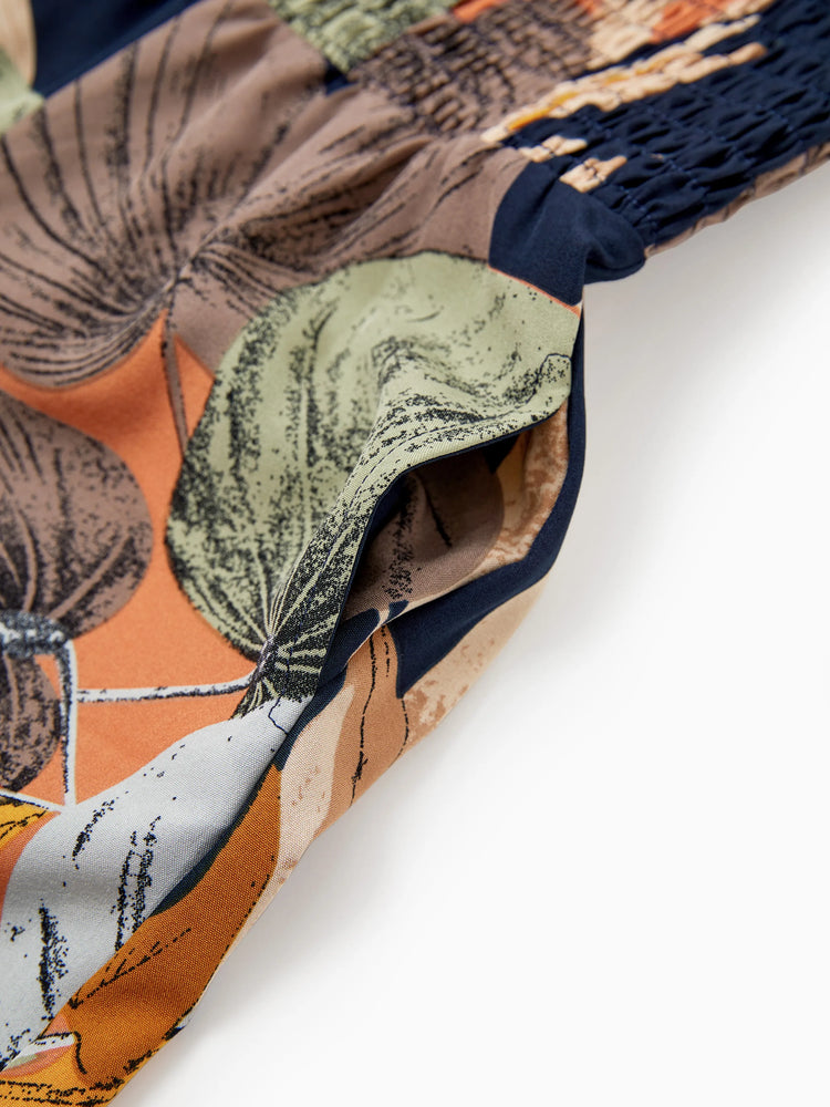 Family Matching Tropical Floral Print Smocked Top Strap Wide-Leg Jumpsuits for Mommy and Me Deep Blue