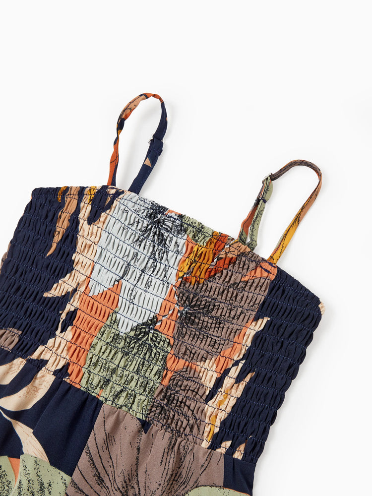 Family Matching Tropical Floral Print Smocked Top Strap Wide-Leg Jumpsuits for Mommy and Me Deep Blue