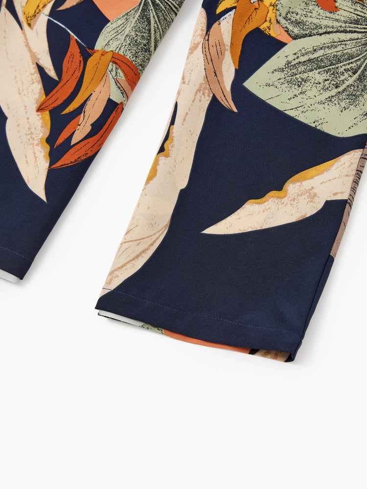 Family Matching Tropical Floral Print Smocked Top Strap Wide-Leg Jumpsuits for Mommy and Me Deep Blue