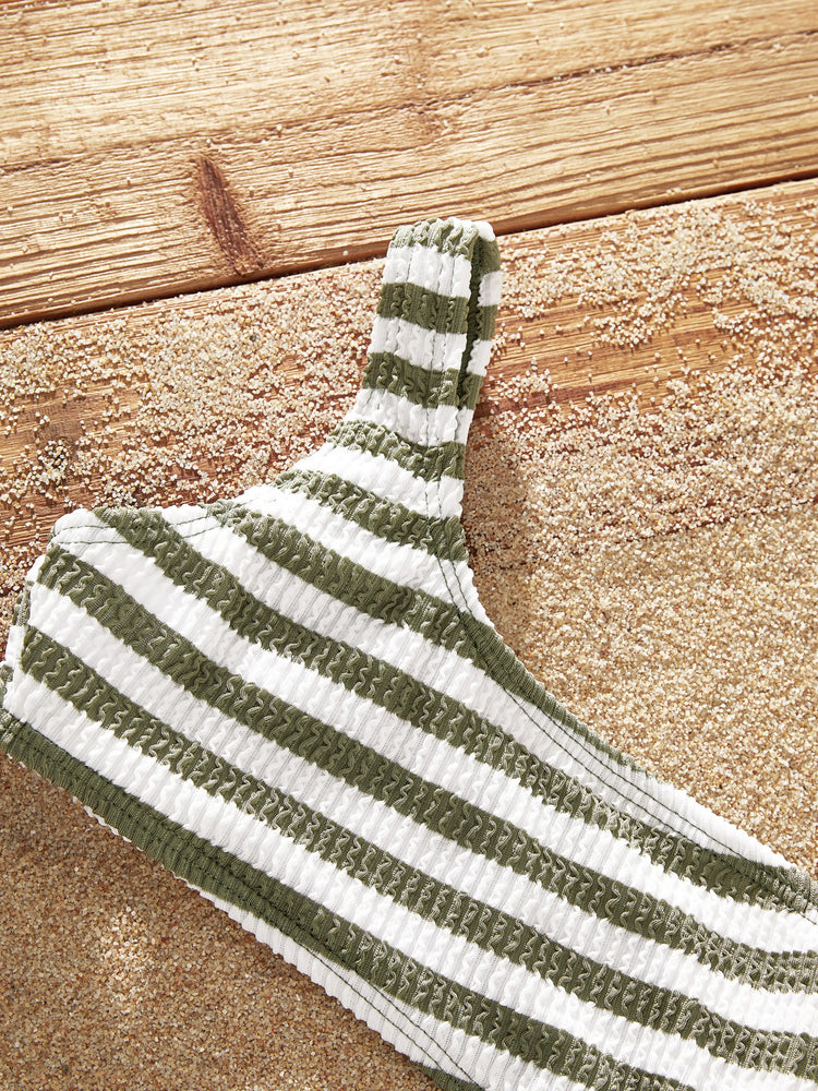 Traje de baño de una pieza con un hombro descubierto y rayas en bloques de colores a juego para toda la familia, verde militar