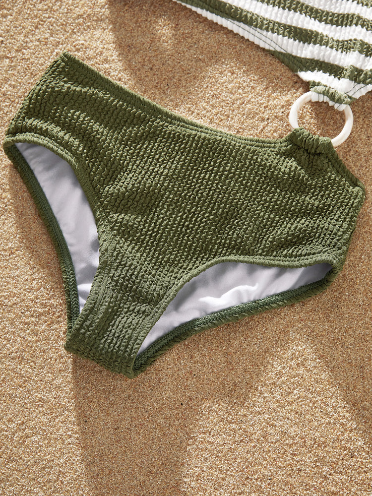 Traje de baño de una pieza con un hombro descubierto y rayas en bloques de colores a juego para toda la familia, verde militar