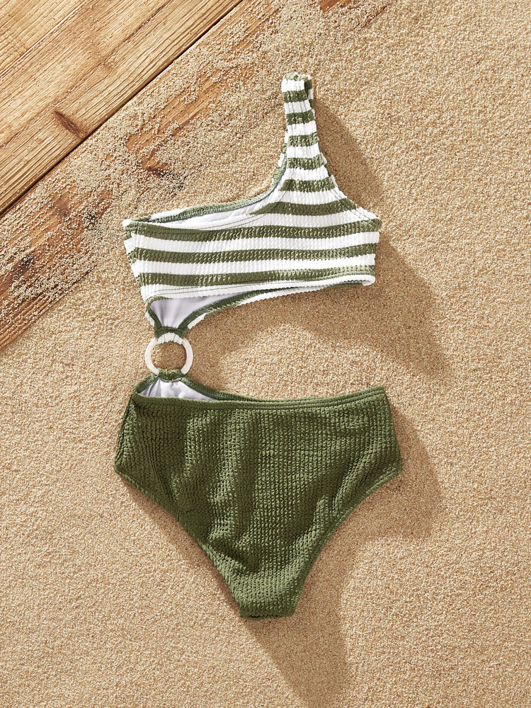 Traje de baño de una pieza con un hombro descubierto y rayas en bloques de colores a juego para toda la familia, verde militar