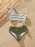 Toddler Girl Colorblock Stripe One Piece One Shoulder Swimsuit Army green
