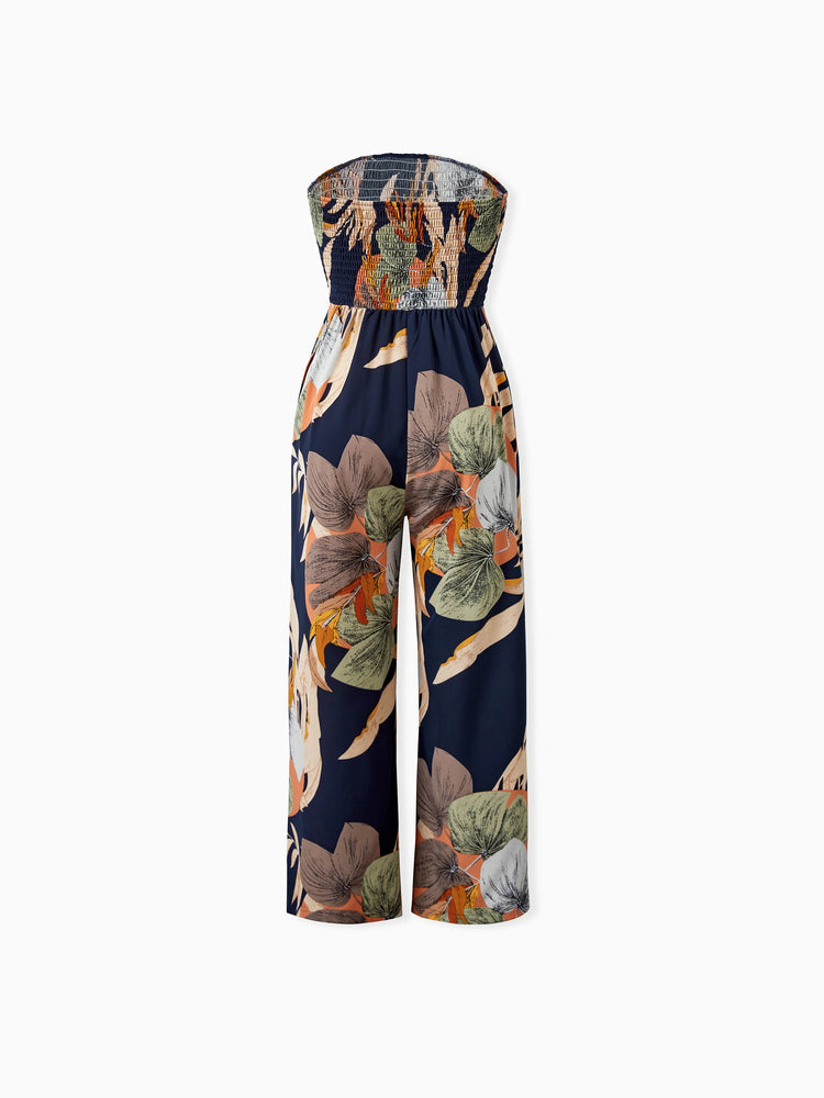 Family Matching Tropical Floral Print Smocked Top Strap Wide-Leg Jumpsuits for Mommy and Me Deep Blue