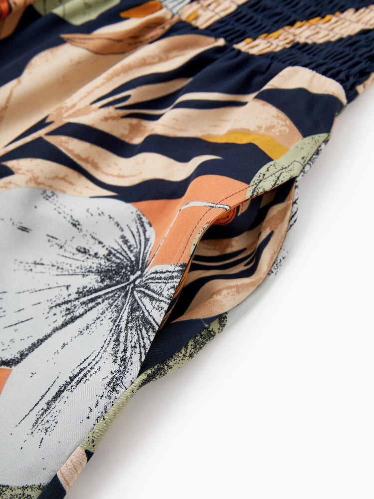 Family Matching Tropical Floral Print Smocked Top Strap Wide-Leg Jumpsuits for Mommy and Me Deep Blue