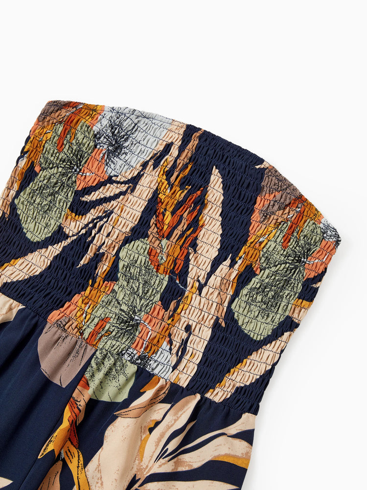 Family Matching Tropical Floral Print Smocked Top Strap Wide-Leg Jumpsuits for Mommy and Me Deep Blue