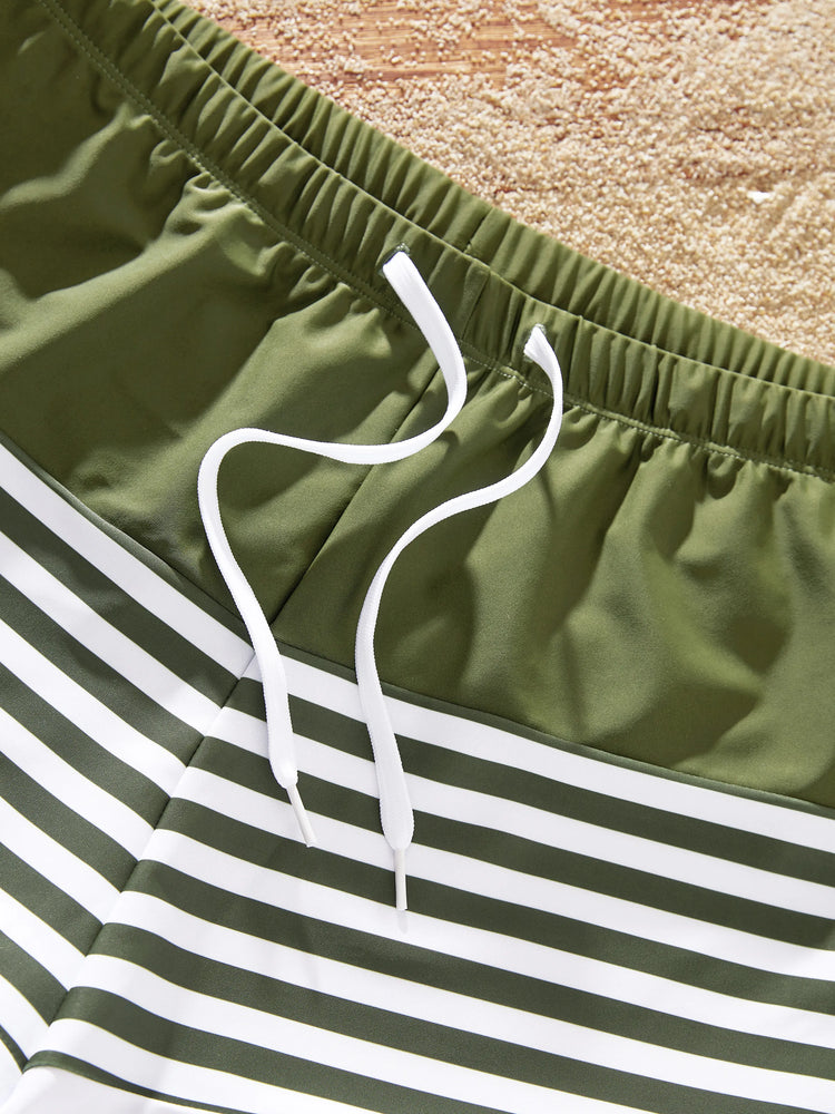 Traje de baño de una pieza con un hombro descubierto y rayas en bloques de colores a juego para toda la familia, verde militar