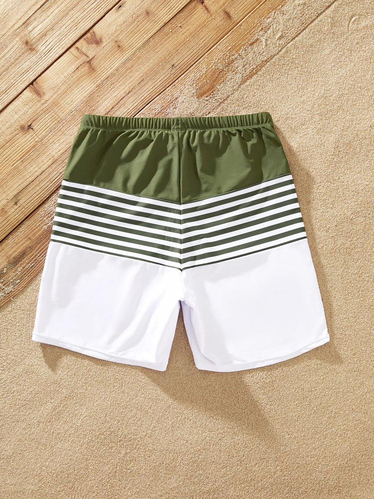 Traje de baño de una pieza con un hombro descubierto y rayas en bloques de colores a juego para toda la familia, verde militar