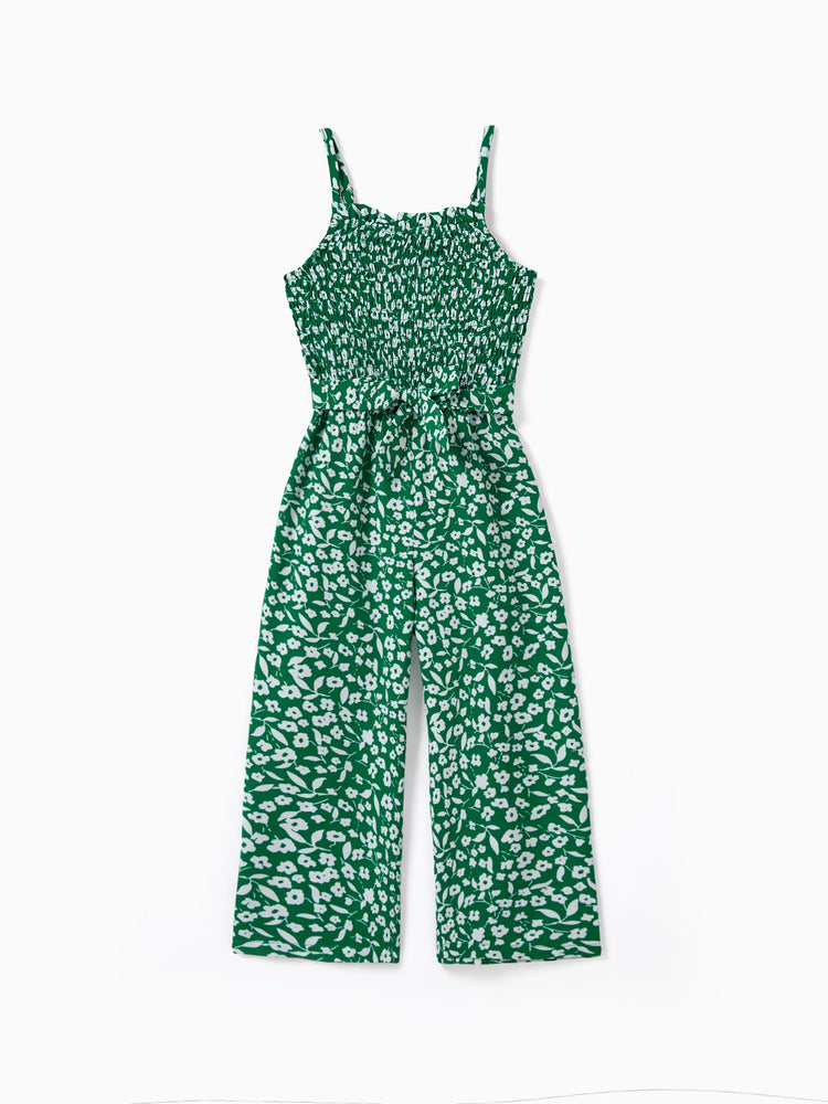 Matching Floral Print Green Smocked Strap Jumpsuits for Mommy and Me Green