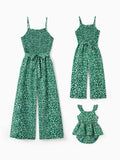 Matching Floral Print Green Smocked Strap Jumpsuits for Mommy and Me Green