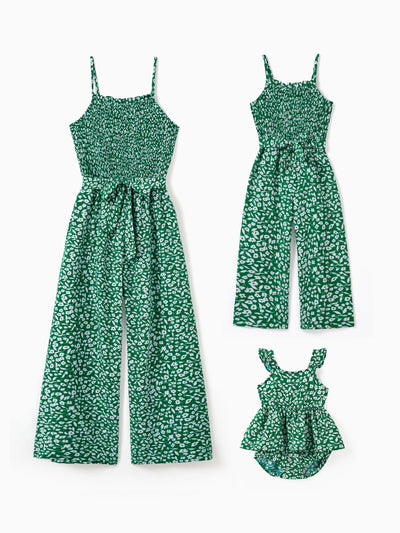 Matching Floral Print Green Smocked Strap Jumpsuits for Mommy and Me Green