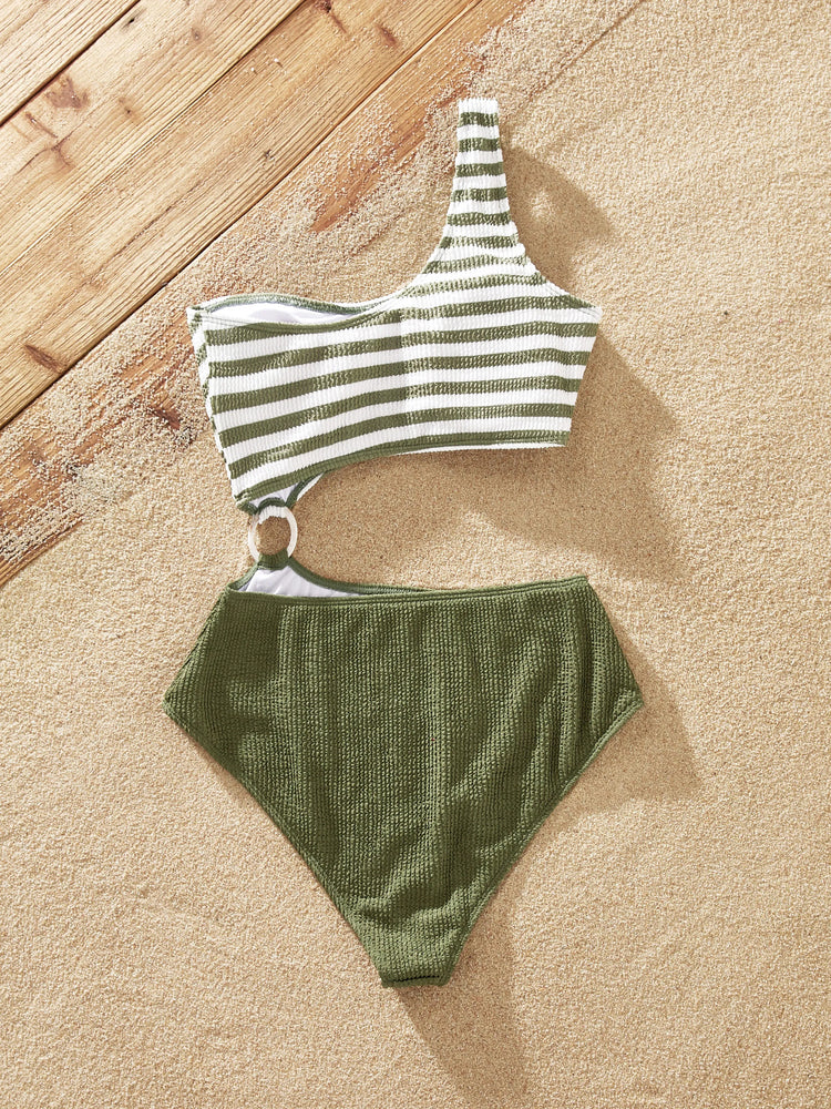 Traje de baño de una pieza con un hombro descubierto y rayas en bloques de colores a juego para toda la familia, verde militar