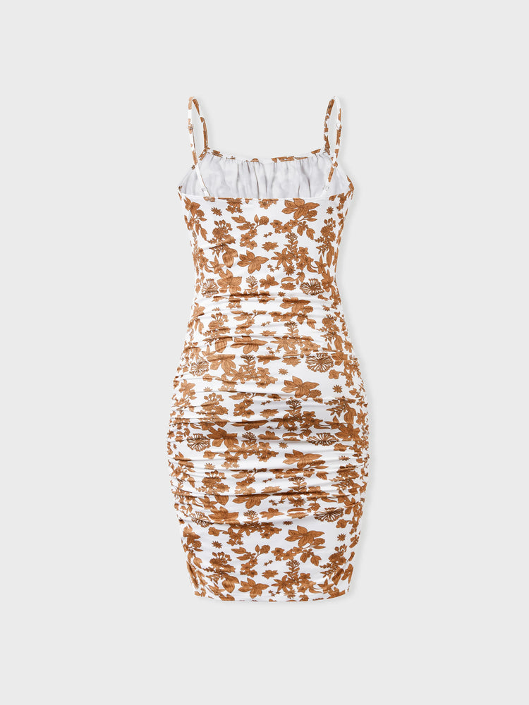 Family Matching Colorblock Cotton Tee or Flora Print Strap Body-con Dress or Mesh Splicing Dress Khaki