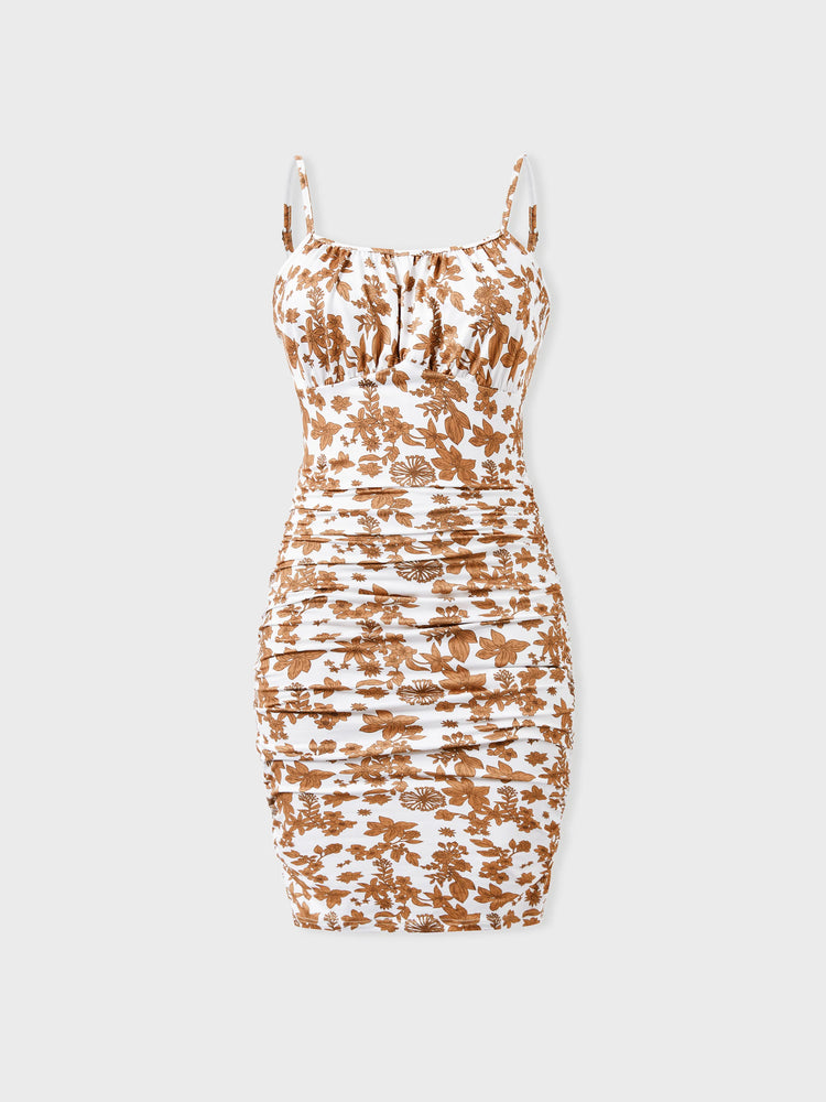 Family Matching Colorblock Cotton Tee or Flora Print Strap Body-con Dress or Mesh Splicing Dress Khaki