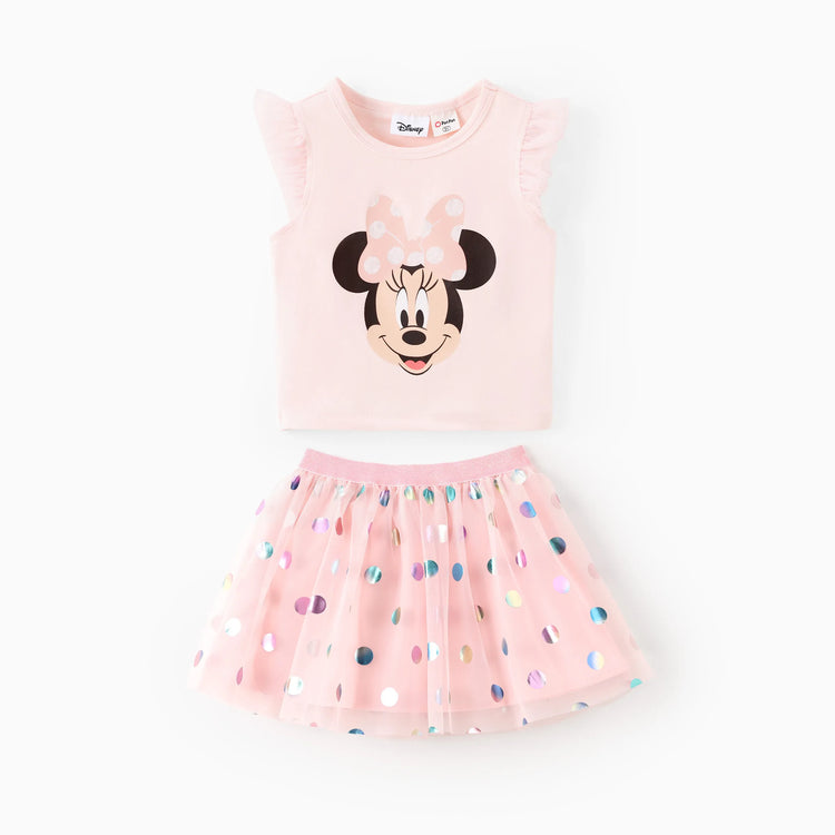 Ensemble 2 pièces Disney Mickey et ses amis pour petite fille, haut à manches volantées et jupe en maille à pois Minnie Mouse, rose clair