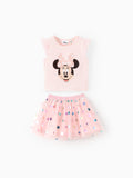 Ensemble 2 pièces Disney Mickey et ses amis pour petite fille, haut à manches volantées et jupe en maille à pois Minnie Mouse, rose clair