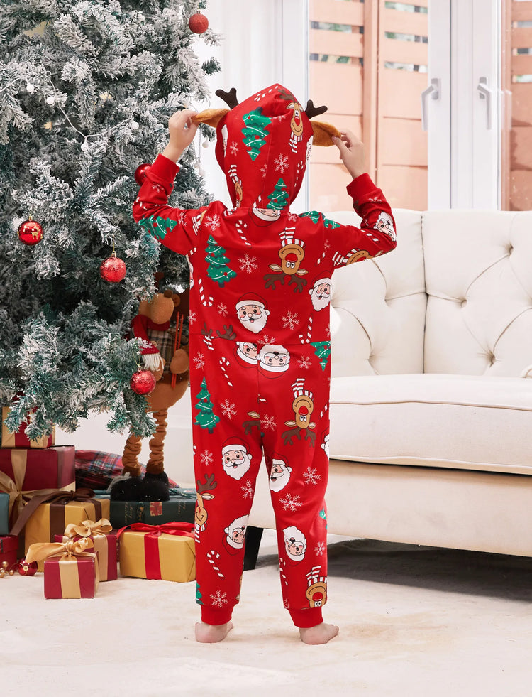 Christmas Family Pajamas Sets 3D Reindeer Hooded Allover Print Onesies Pajamas Red-2