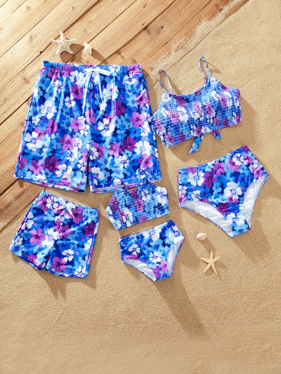 Family Matching Flora Swim Trunks or Smocking Strap two-piece Swimsuit Purple