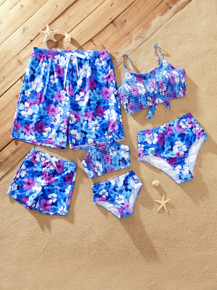 Family Matching Flora Swim Trunks or Smocking Strap two-piece Swimsuit Purple