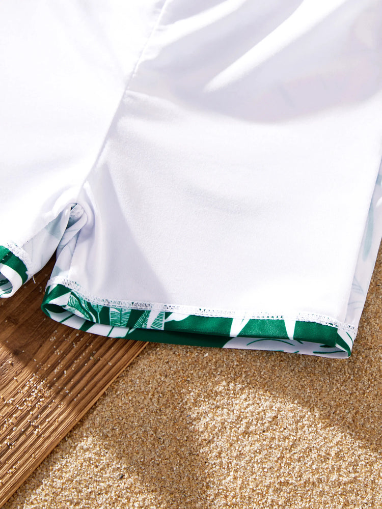 Family Matching Tropical Floral Swim Trunks and One-piece Swimsuit Dark Green