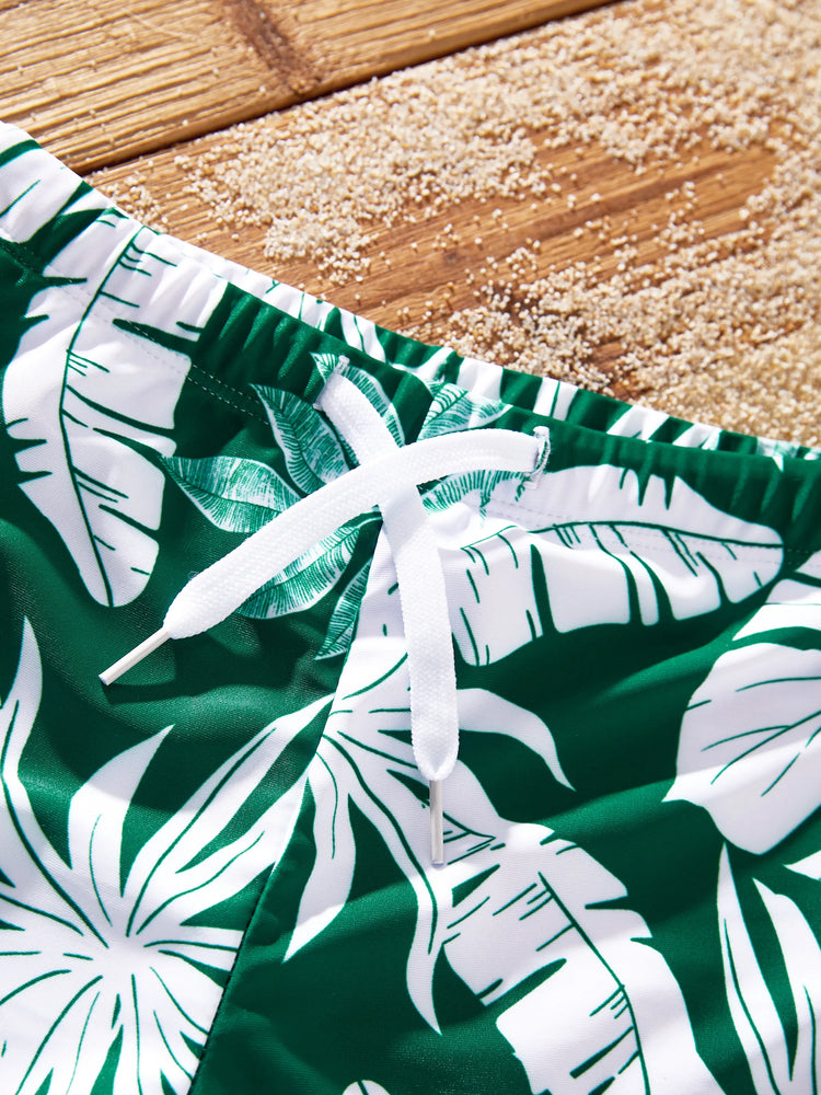 Family Matching Tropical Floral Swim Trunks and One-piece Swimsuit Dark Green