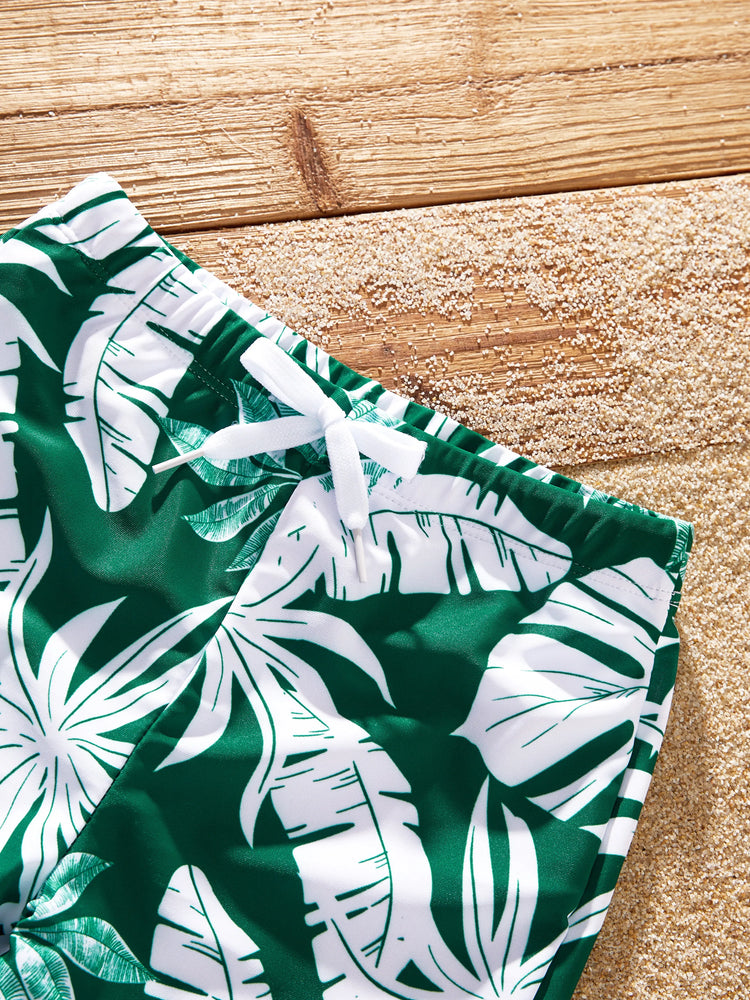 Family Matching Tropical Floral Swim Trunks and One-piece Swimsuit Dark Green