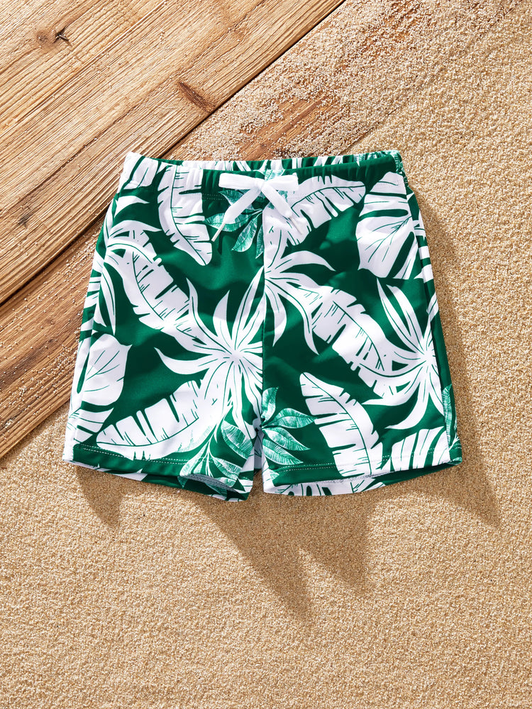 Family Matching Tropical Floral Swim Trunks and One-piece Swimsuit Dark Green