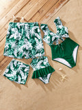 Family Matching Tropical Floral Swim Trunks and One-piece Swimsuit Dark Green