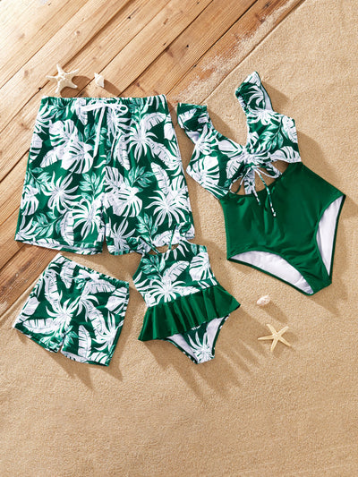 Family Matching Tropical Floral Swim Trunks and One-piece Swimsuit Dark Green