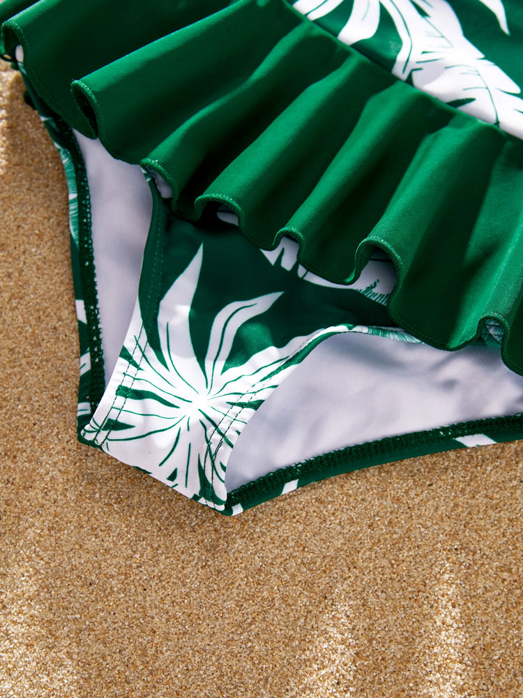 Family Matching Tropical Floral Swim Trunks and One-piece Swimsuit Dark Green