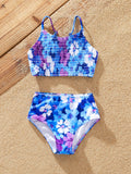 Toddler Girl Flora Smocking Strap two-piece Swimsuit Purple